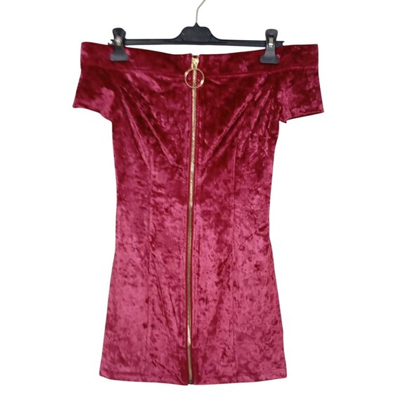 Burgundy Off-Shoulder Velvet Mini Dress With Gold Zipper Front By Essue Size M - Picture 1 of 8